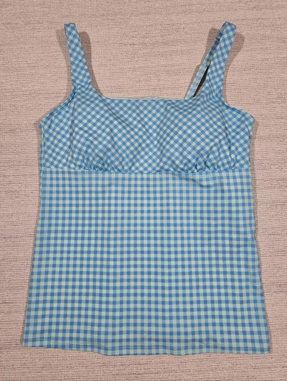 Lands' End Tankini Top Sz 14 Blue Gingham Underwire Square Neck Swim Vacation